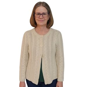Charter Club Cable Knit Sweater Cardigan Snap Button Cotton Blend Cream Chunky M